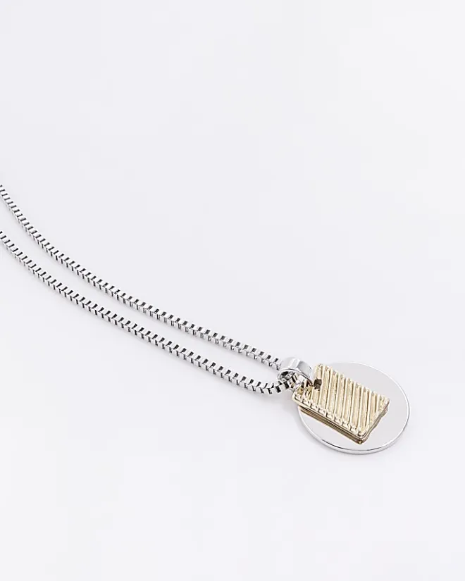 River Island Silver colour tag and disc necklace White New