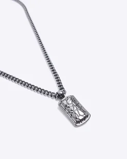 River Island Silver CRACKLE DOG TAG NECKLACE Grey Best
