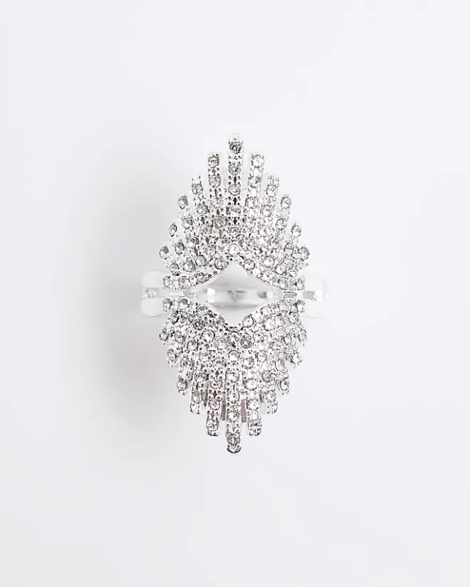 River Island Silver Crystal Large Ring Grey Hot