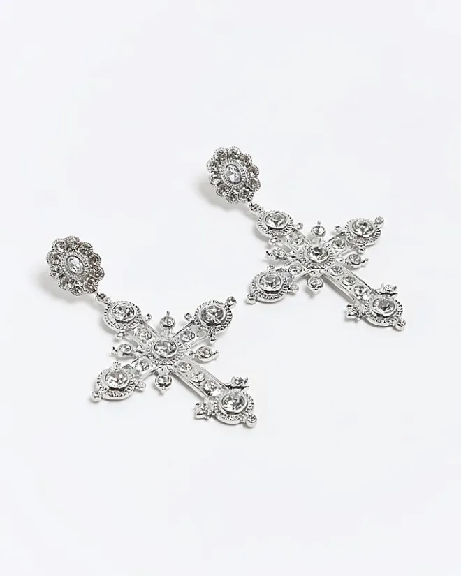 River Island Silver diamante cross drop earrings Yellow Fashion