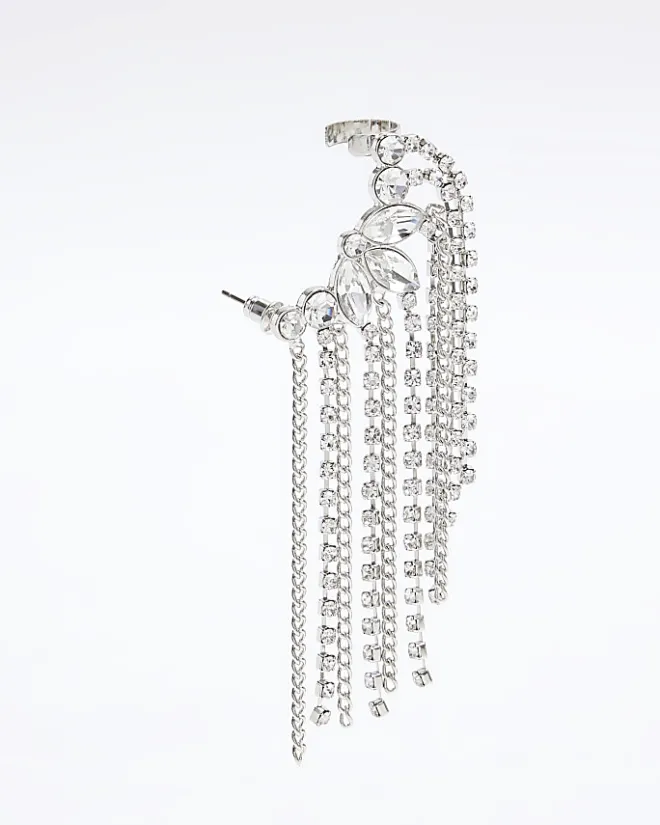 River Island Silver Diamante Drape Ear Climber Grey Best