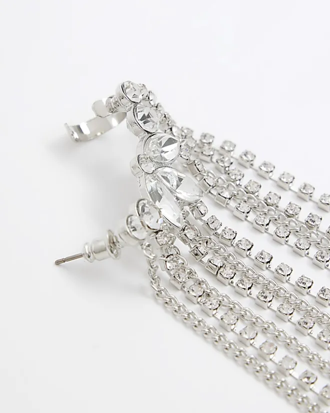 River Island Silver Diamante Drape Ear Climber Grey Best