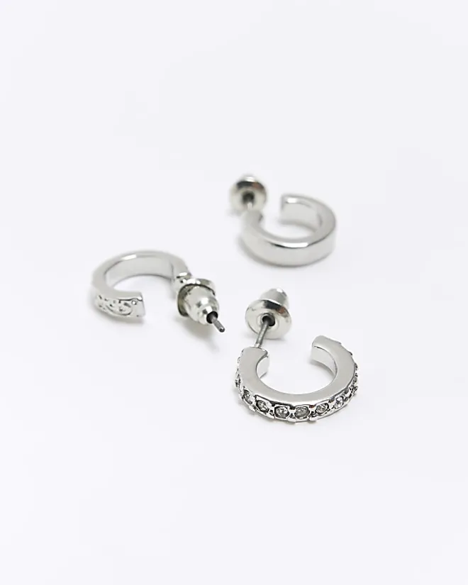 River Island Silver hoop earrings multipack Grey Clearance