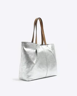 River Island Silver leather metallic shopper bag Grey Clearance