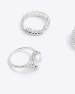 River Island Silver Pearl Ring Multipack Grey Discount
