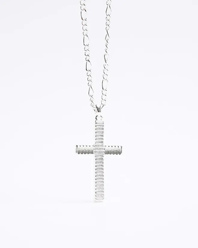River Island Silver plated textured cross necklace Grey Discount