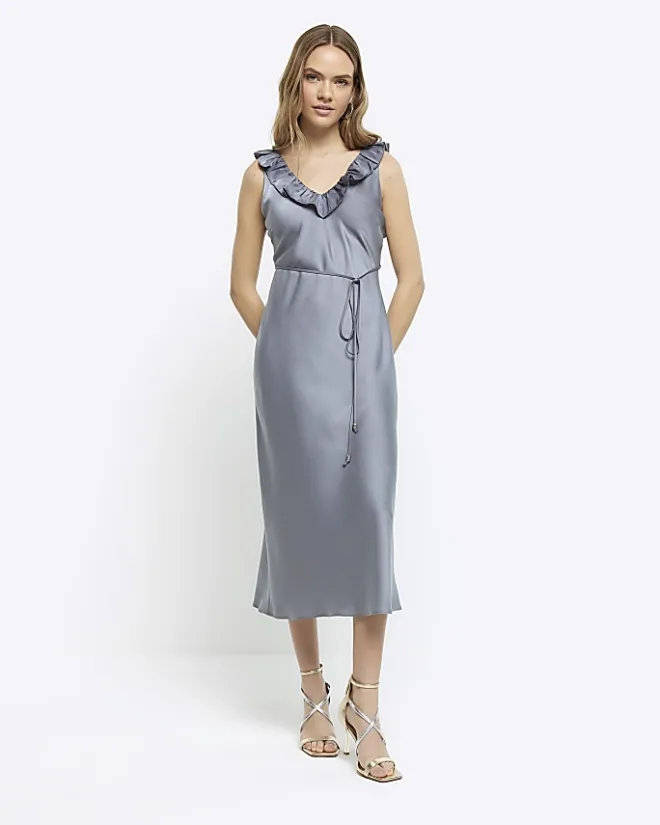 River Island Silver satin frill trim slip midi dress Grey Clearance