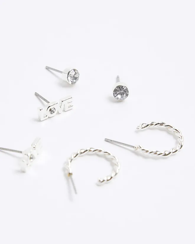 River Island Silver stud and hoop earrings 9 pack Grey Discount