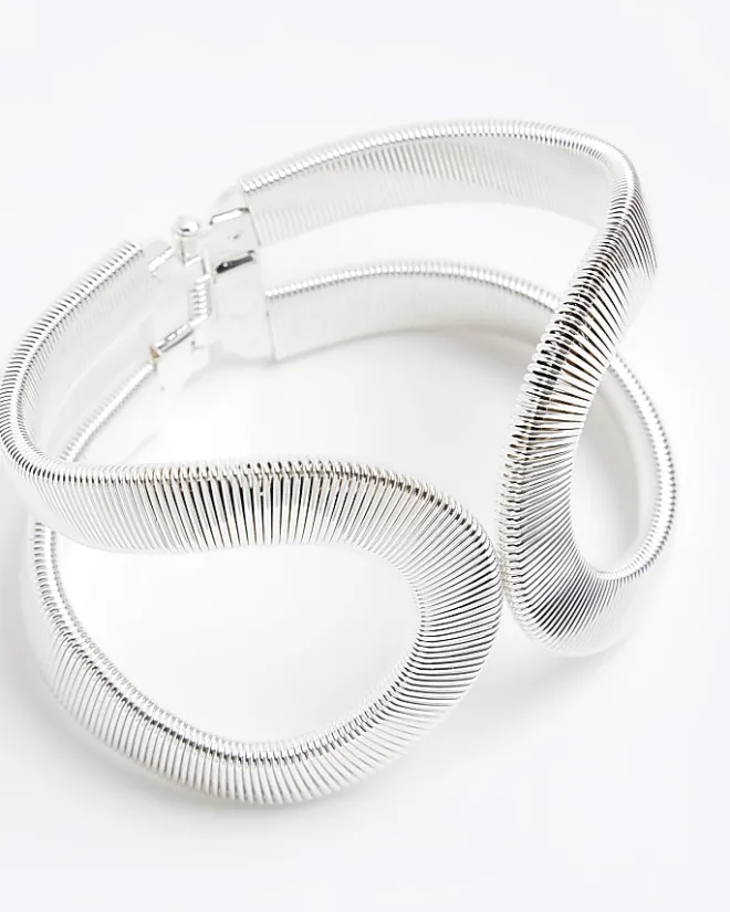 River Island Silver Textured Bangle Bracelet Grey Discount