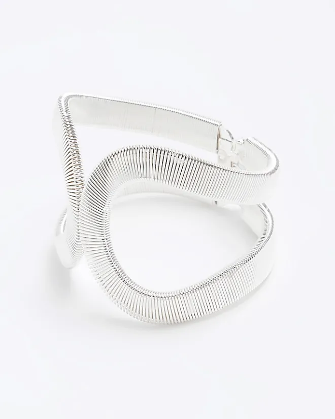 River Island Silver Textured Bangle Bracelet Grey Discount