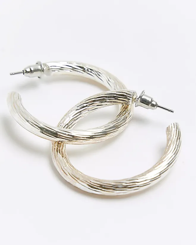 River Island Silver textured hoop earrings Grey Fashion
