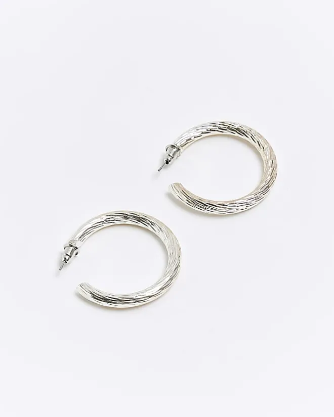 River Island Silver textured hoop earrings Grey Fashion
