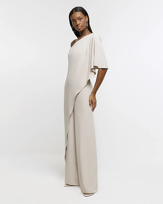 River Island Stone cape wide leg jumpsuit Cream New