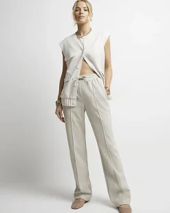 River Island Stone faux leather wide leg trousers Cream Discount