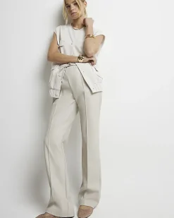 River Island Stone faux leather wide leg trousers Cream Discount