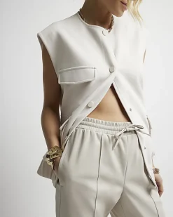 River Island Stone faux leather wide leg trousers Cream Discount