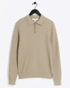 River Island muscle fit zig zag knit polo Stone Online