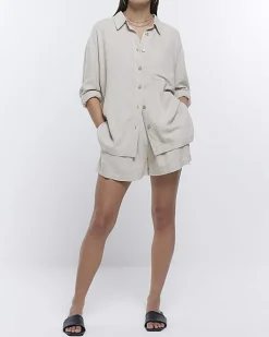 River Island Stone oversized shirt with linen Cream Outlet