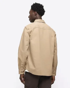 River Island regular fit chest pocket shirt Stone Fashion