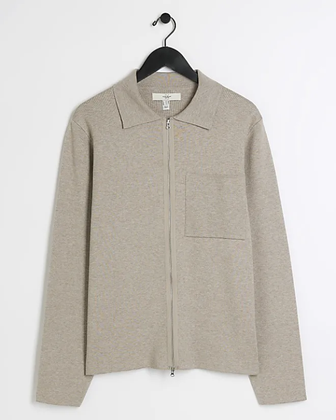 River Island regular fit knit zip up jumper Stone Outlet