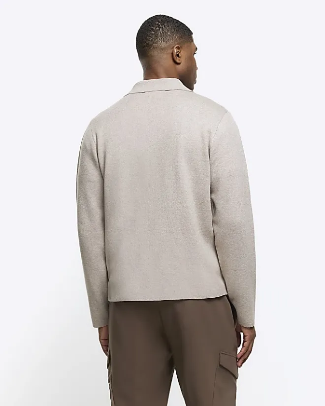 River Island regular fit knit zip up jumper Stone Outlet