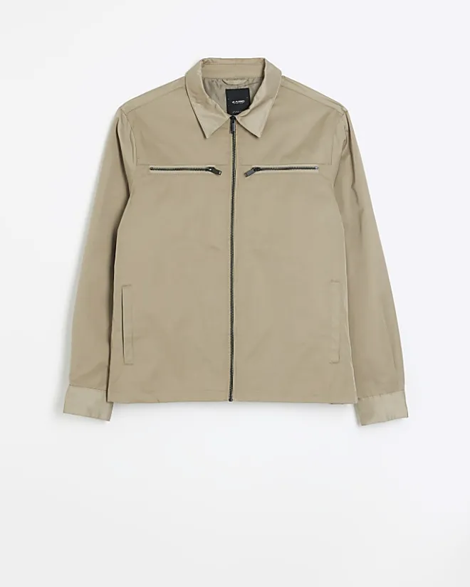 River Island regular fit zip up tech shacket Stone Online
