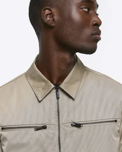 River Island regular fit zip up tech shacket Stone Online