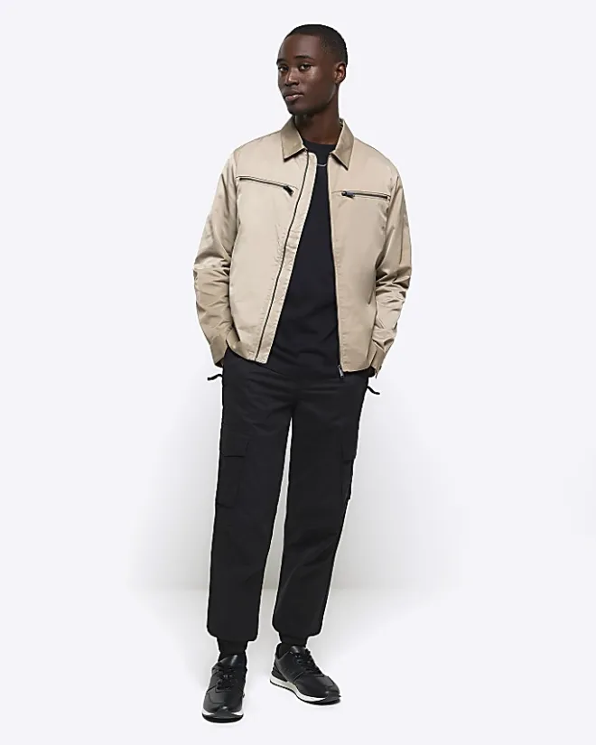 River Island regular fit zip up tech shacket Stone Online