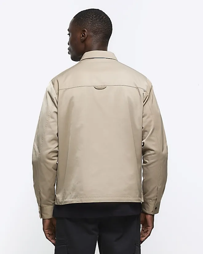 River Island regular fit zip up tech shacket Stone Online