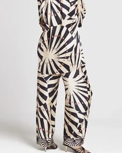 River Island Stone satin stripe wide leg trousers Cream Clearance