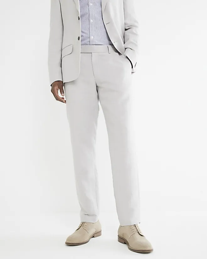 River Island slim fit linen blend suit trousers Stone Discount