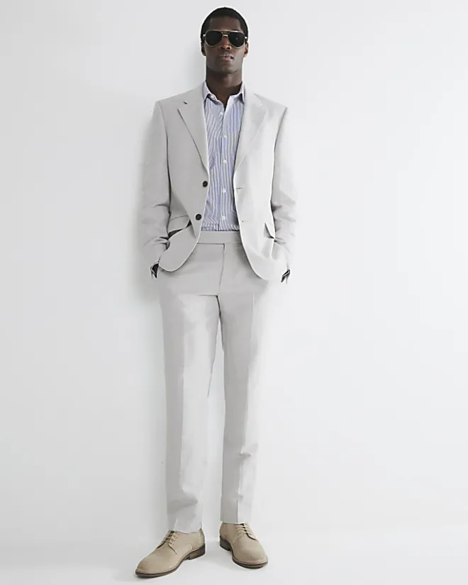 River Island slim fit linen blend suit jacket Stone New