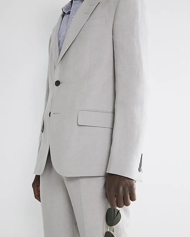 River Island slim fit linen blend suit jacket Stone New