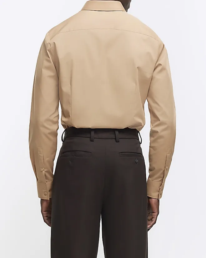 River Island slim fit long sleeve smart shirt Stone Online