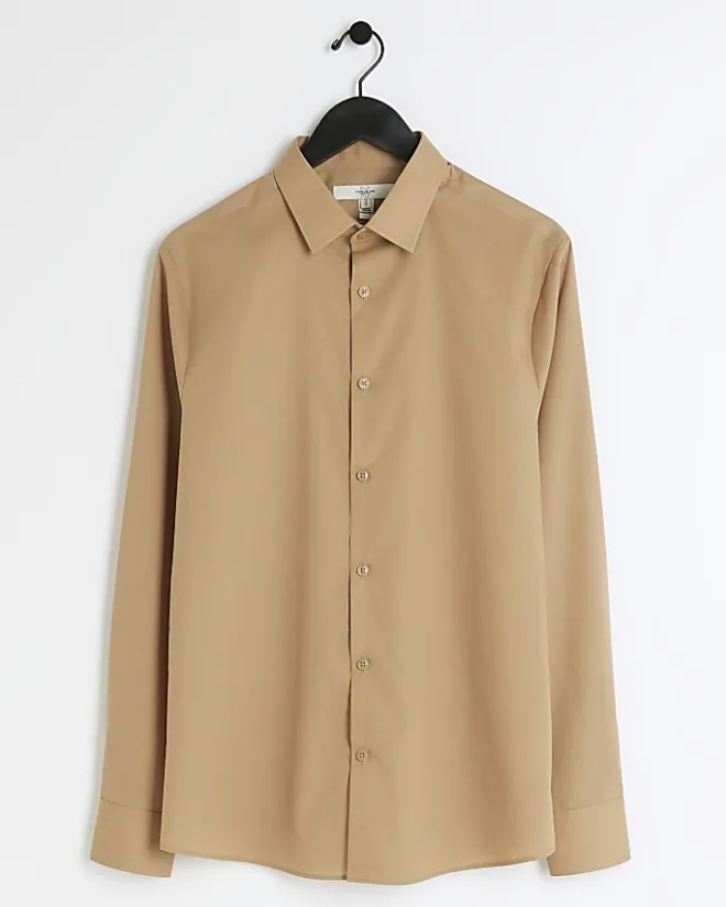 River Island slim fit long sleeve smart shirt Stone Online