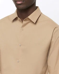 River Island slim fit long sleeve smart shirt Stone Online