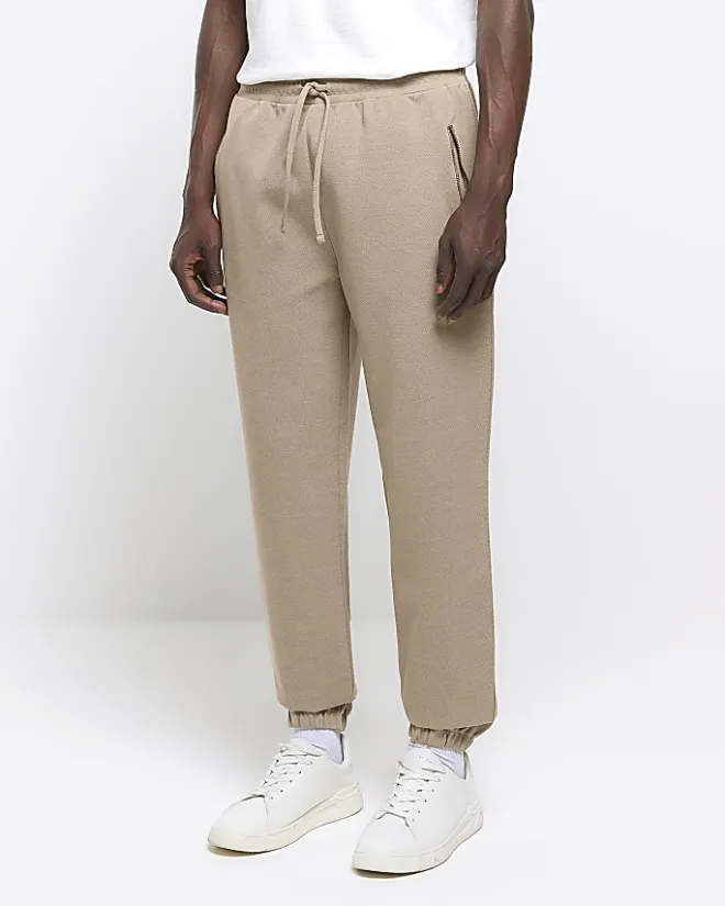 River Island slim fit textured smart joggers Stone Outlet