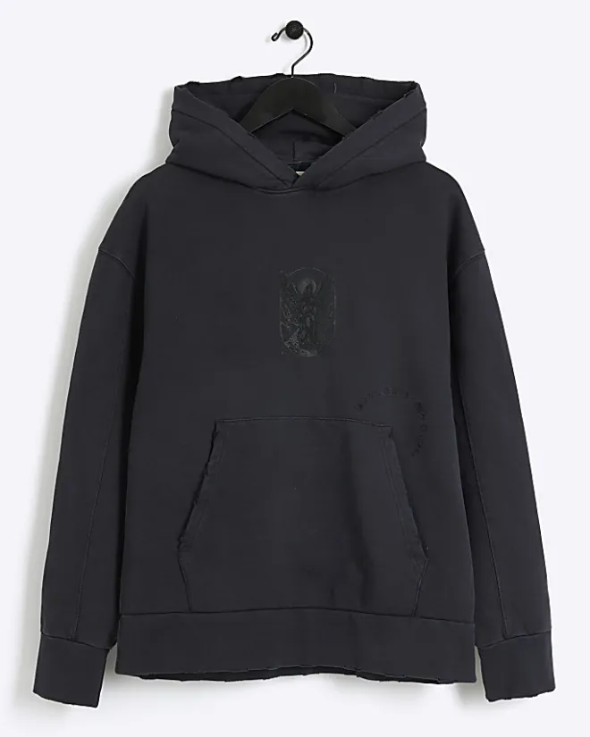 River Island Washed regular gothic graphic hoodie Black Clearance