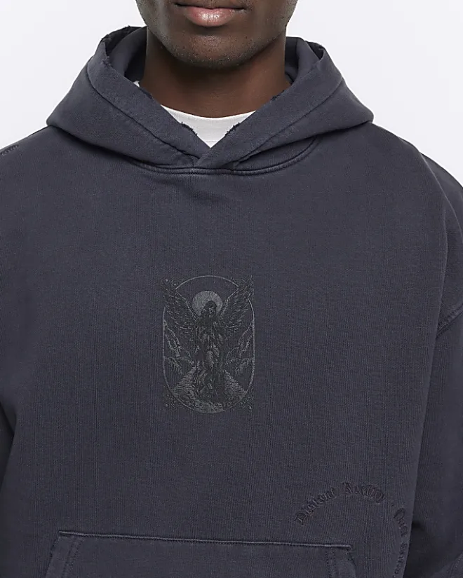 River Island Washed regular gothic graphic hoodie Black Clearance