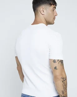 River Island muscle fit brick knit t-shirt White Online