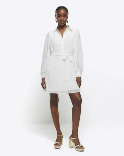 River Island plisse tie waist mini shirt dress White New