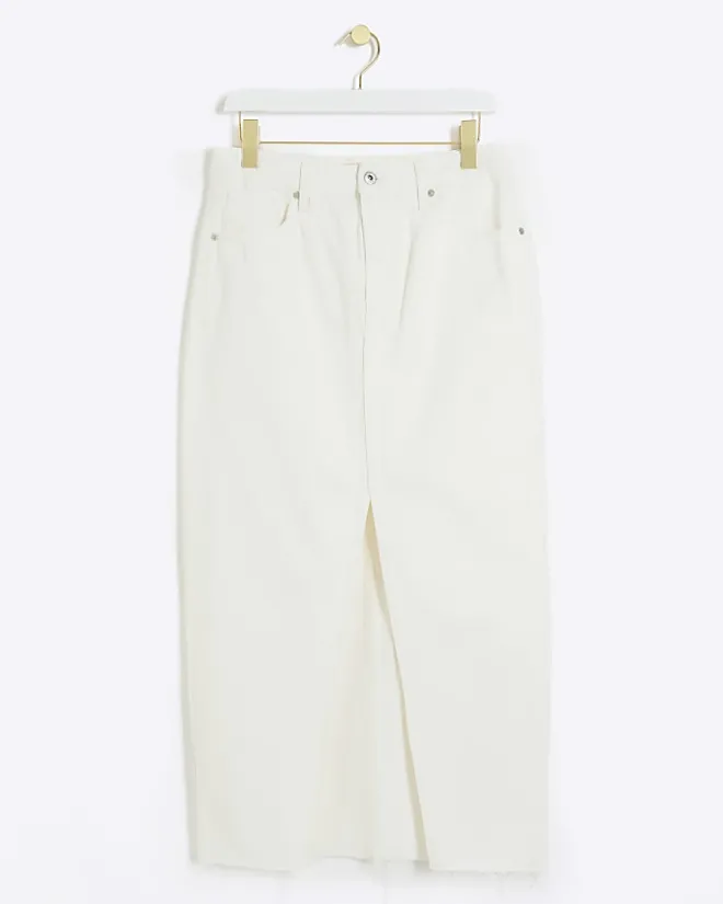River Island split hem denim maxi skirt White New
