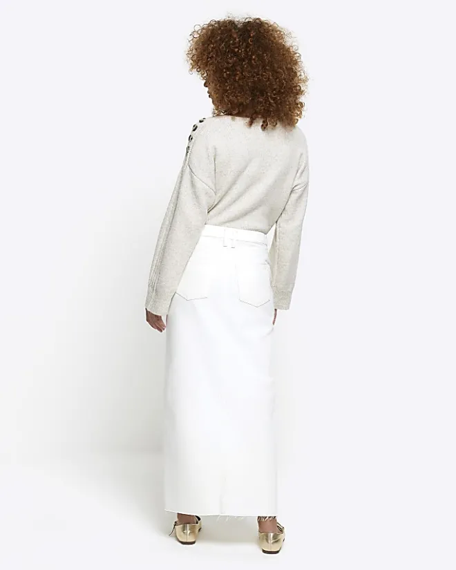 River Island split hem denim maxi skirt White New