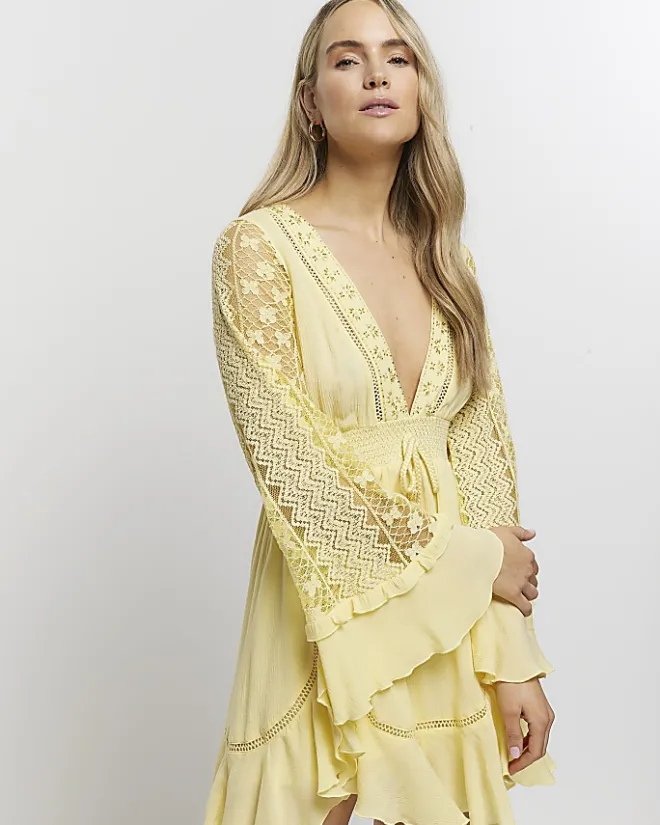 River Island lace sleeve beach mini dress Yellow Sale
