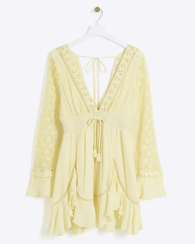 River Island lace sleeve beach mini dress Yellow Sale