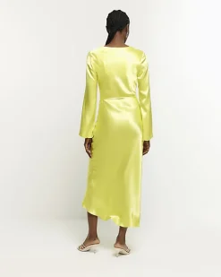 River Island satin belted slip midi dress Yellow Clearance