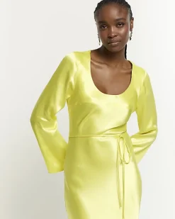 River Island satin belted slip midi dress Yellow Clearance