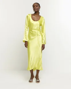River Island satin belted slip midi dress Yellow Clearance