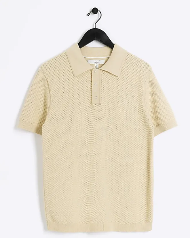 River Island slim fit textured knit polo Yellow Outlet